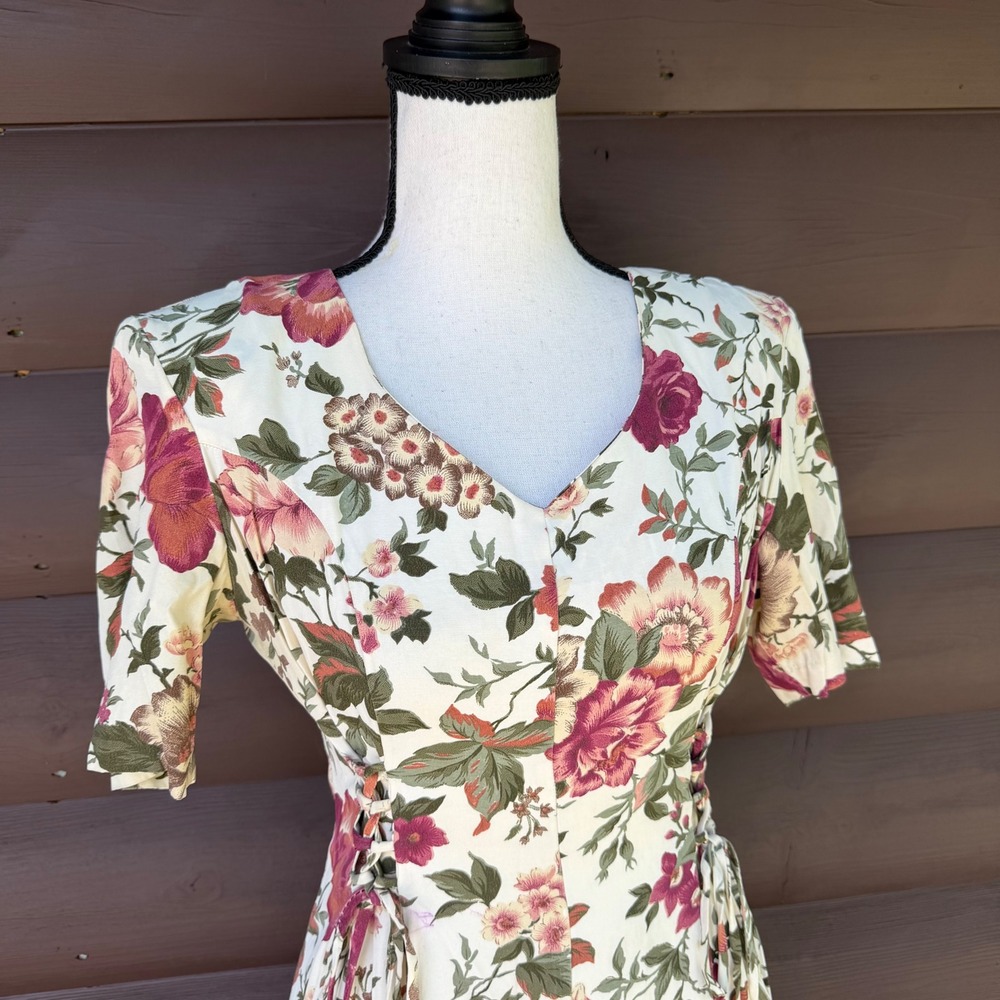 Vtg Paris Sport Club Floral Midi Dress Womens 7/8 Cream Pink 90s Lace Up Waist - Picture 2 of 10